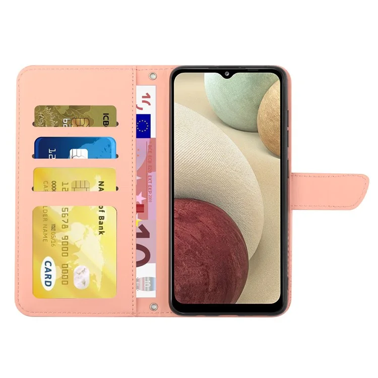 Pour Samsung Galaxy A12 / M12 / F12 Skin-touch Feeling pu Leather Phone Phone Bag Sac Impression de Papillons de Fleur Couvercle Portefeuille Avec Bandoulière Avec Bandoulière - Rose