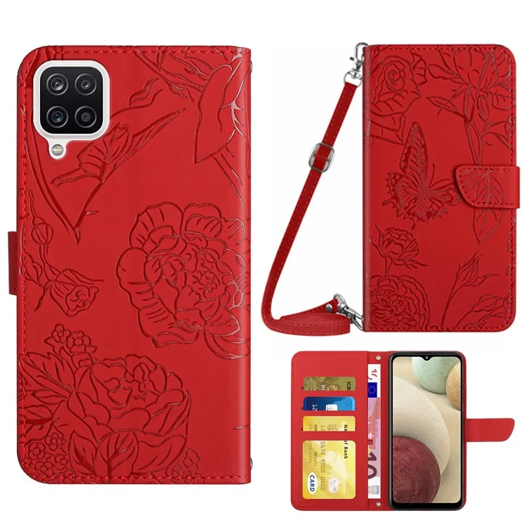 For Samsung Galaxy A12/M12/F12 Skin-touch Feeling PU Leather Mobile Phone Case Bag Imprinting Butterflies Flower Pattern Stand Wallet Cover with Shoulder Strap - Red