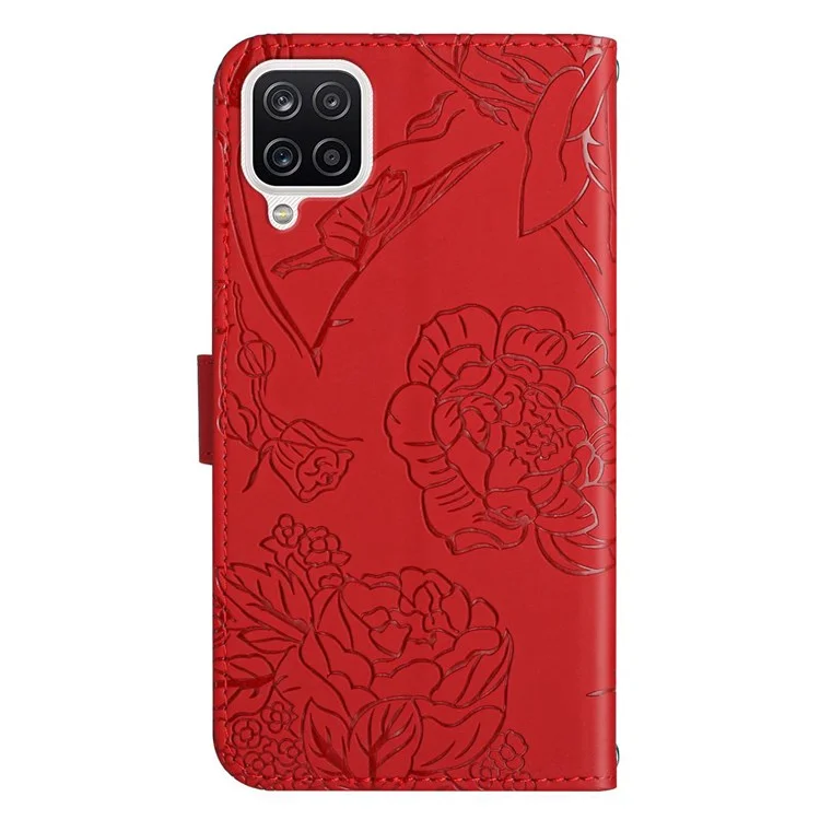 For Samsung Galaxy A12/M12/F12 Skin-touch Feeling PU Leather Mobile Phone Case Bag Imprinting Butterflies Flower Pattern Stand Wallet Cover with Shoulder Strap - Red