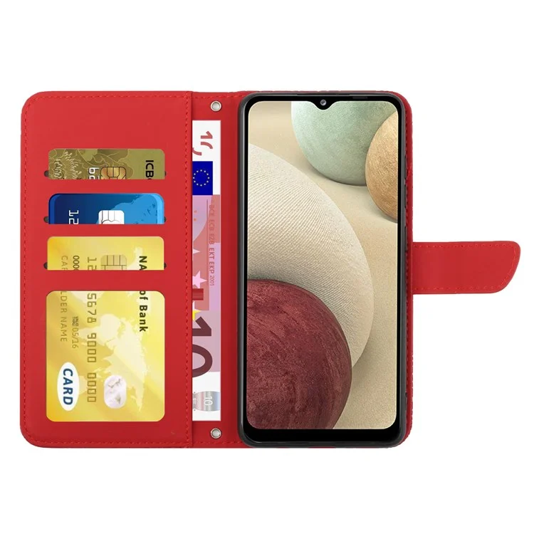For Samsung Galaxy A12/M12/F12 Skin-touch Feeling PU Leather Mobile Phone Case Bag Imprinting Butterflies Flower Pattern Stand Wallet Cover with Shoulder Strap - Red