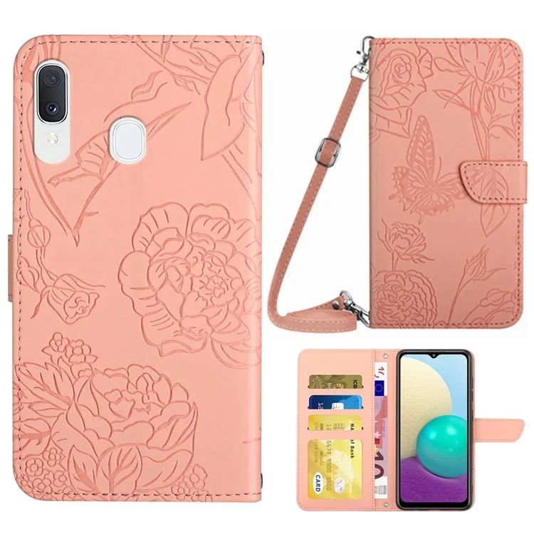Pour Samsung Galaxy A20e Coque de téléphone Sac Peau-toucher Cuir PU Motif d'impression Conception du motif Stand Portefeuille Coque de téléphone avec Bandoulière - Rose