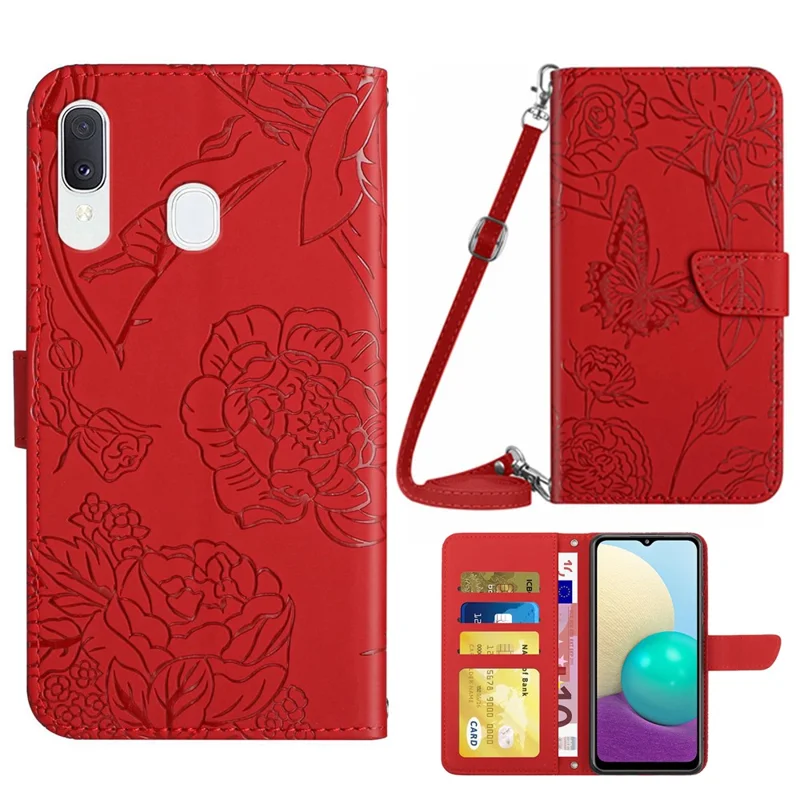 For Samsung Galaxy A20e Phone Shell Bag Skin-touch PU Leather Pattern Imprinting Pattern Design Stand Wallet Phone Cover with Shoulder Strap - Red