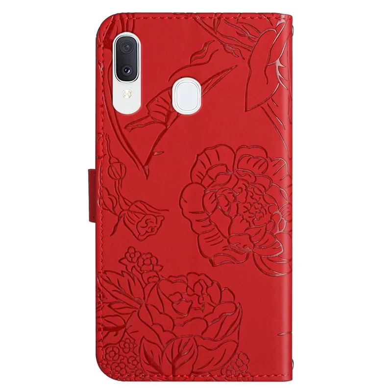 For Samsung Galaxy A20e Phone Shell Bag Skin-touch PU Leather Pattern Imprinting Pattern Design Stand Wallet Phone Cover with Shoulder Strap - Red