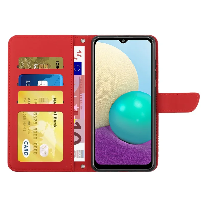 For Samsung Galaxy A20e Phone Shell Bag Skin-touch PU Leather Pattern Imprinting Pattern Design Stand Wallet Phone Cover with Shoulder Strap - Red