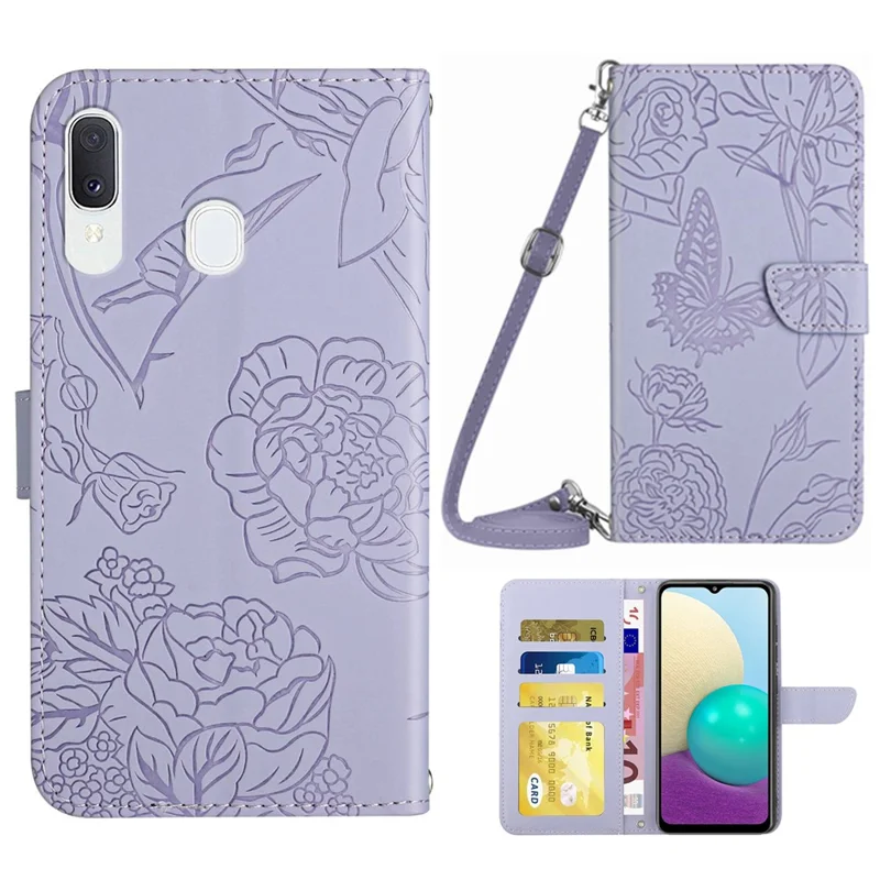 For Samsung Galaxy A20e Phone Shell Bag Skin-touch PU Leather Pattern Imprinting Pattern Design Stand Wallet Phone Cover with Shoulder Strap - Light Purple