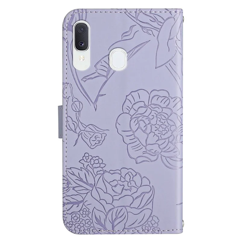 For Samsung Galaxy A20e Phone Shell Bag Skin-touch PU Leather Pattern Imprinting Pattern Design Stand Wallet Phone Cover with Shoulder Strap - Light Purple