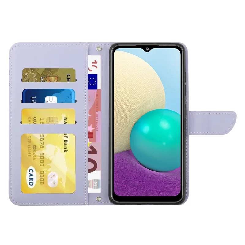 For Samsung Galaxy A20e Phone Shell Bag Skin-touch PU Leather Pattern Imprinting Pattern Design Stand Wallet Phone Cover with Shoulder Strap - Light Purple