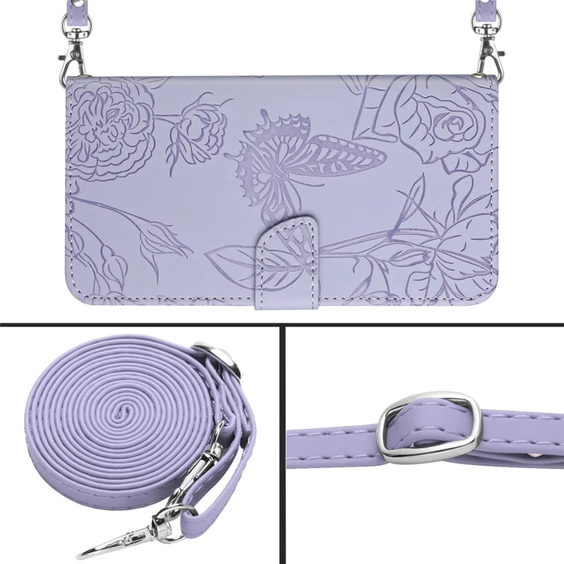 For Samsung Galaxy A20e Phone Shell Bag Skin-touch PU Leather Pattern Imprinting Pattern Design Stand Wallet Phone Cover with Shoulder Strap - Light Purple