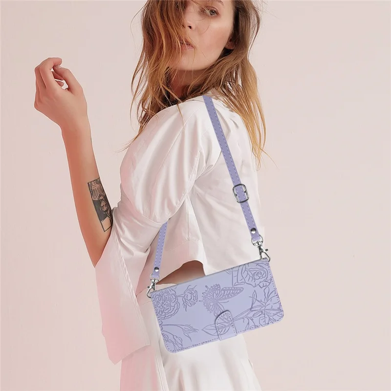 For Samsung Galaxy A20e Phone Shell Bag Skin-touch PU Leather Pattern Imprinting Pattern Design Stand Wallet Phone Cover with Shoulder Strap - Light Purple