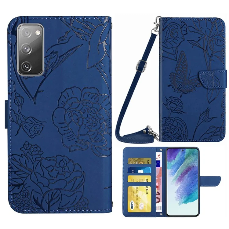 For Samsung Galaxy S20 FE 2022/S20 Lite/S20 FE 5G/4G/S20 FE 2022 Skin-touch Feeling Stand Wallet PU Leather Phone Cover, Pattern Imprinting Design Phone Shell with Shoulder Strap - Blue