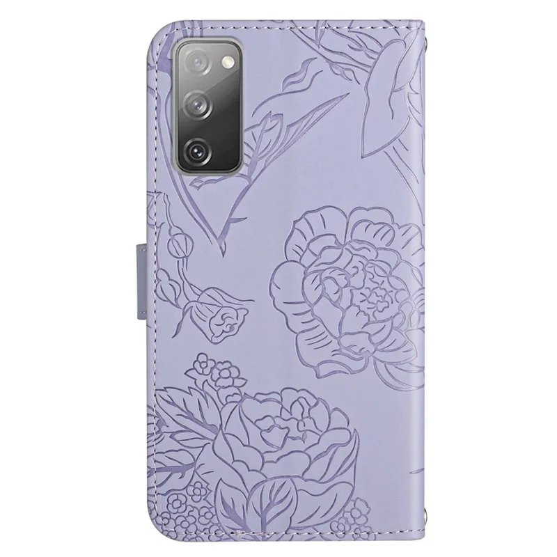 For Samsung Galaxy S20 FE 2022/S20 Lite/S20 FE 5G/4G/S20 FE 2022 Skin-touch Feeling Stand Wallet PU Leather Phone Cover, Pattern Imprinting Design Phone Shell with Shoulder Strap - Light Purple