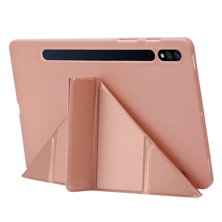 For Samsung Galaxy Tab S8 V-fold Stand Silicone + Leather Tablet Case Auto Wake/Sleep Function Cover - Rose Gold