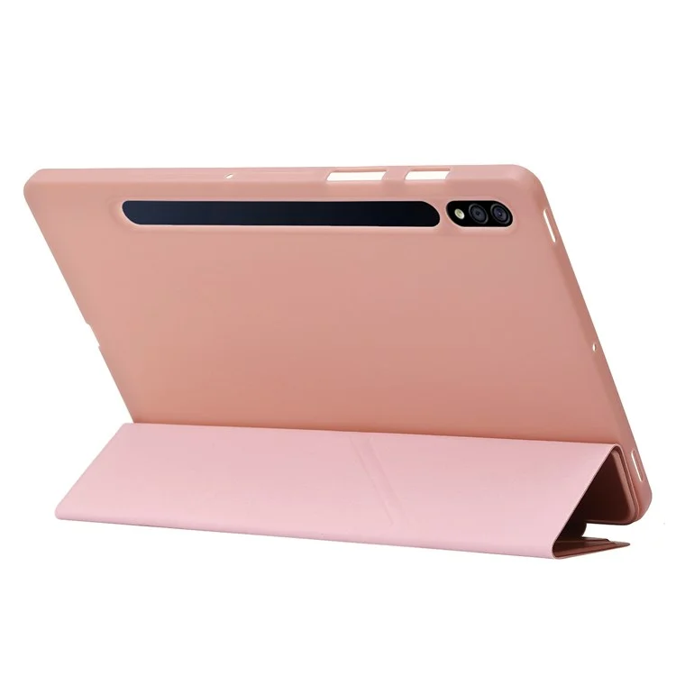 For Samsung Galaxy Tab S8 V-fold Stand Silicone + Leather Tablet Case Auto Wake/Sleep Function Cover - Rose Gold