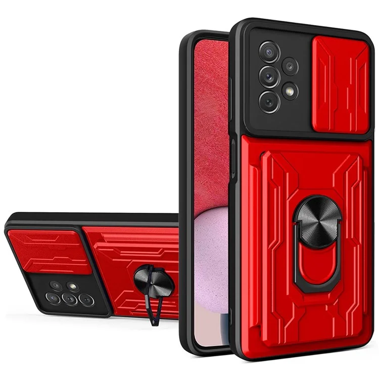 Funda Protectora de Cámara Deslizante para Samsung Galaxy A13 4G, Carcasa Híbrida de PC + TPU con Soporte de Anillo - Rojo