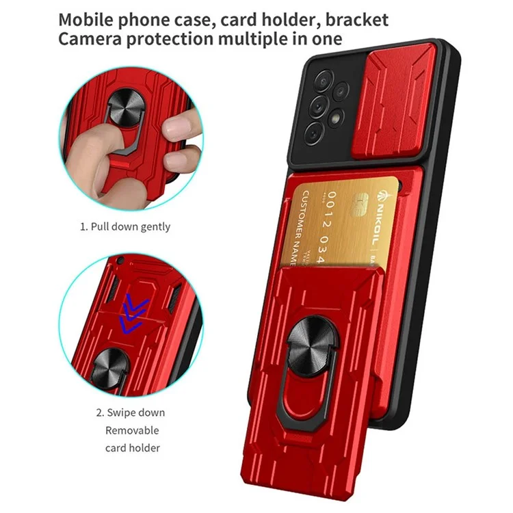 Funda Protectora de Cámara Deslizante para Samsung Galaxy A13 4G, Carcasa Híbrida de PC + TPU con Soporte de Anillo - Rojo