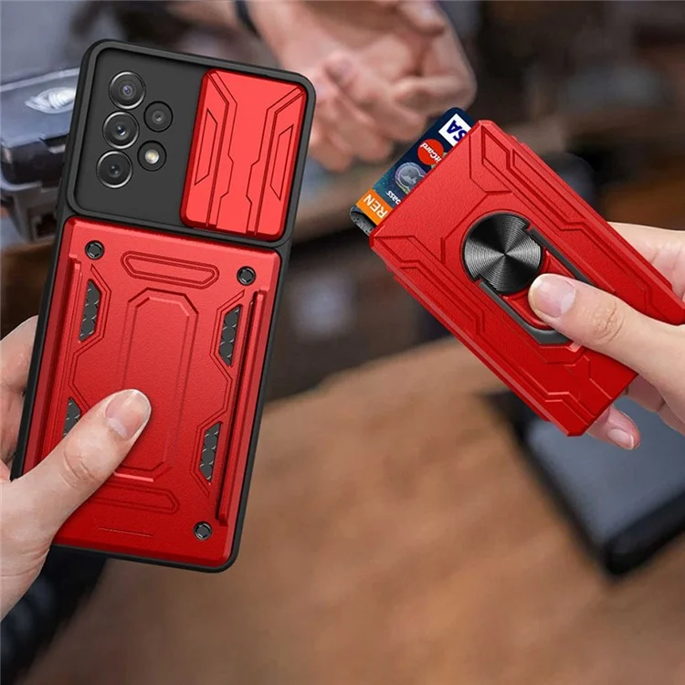 Funda Protectora de Cámara Deslizante para Samsung Galaxy A13 4G, Carcasa Híbrida de PC + TPU con Soporte de Anillo - Rojo