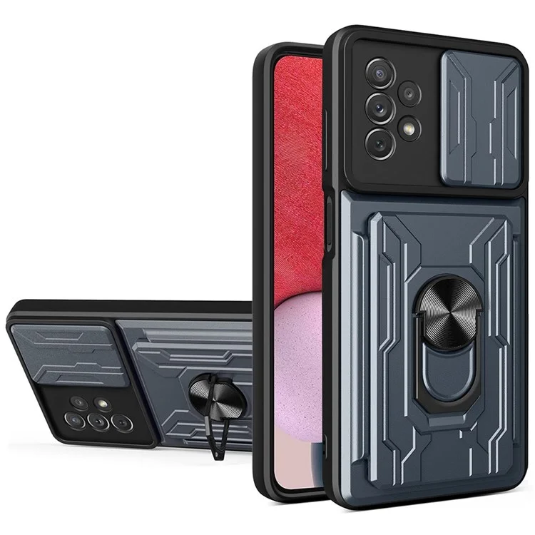Slide Camera Protection Phone Case for Samsung Galaxy A13 4G, Ring Kickstand PC + TPU Hybrid Cover - Titanium Grey