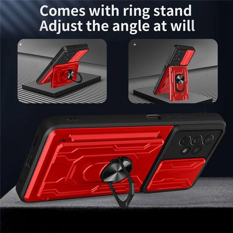 Slide Camera Protection Phone Case for Samsung Galaxy A13 4G, Ring Kickstand PC + TPU Hybrid Cover - Titanium Grey