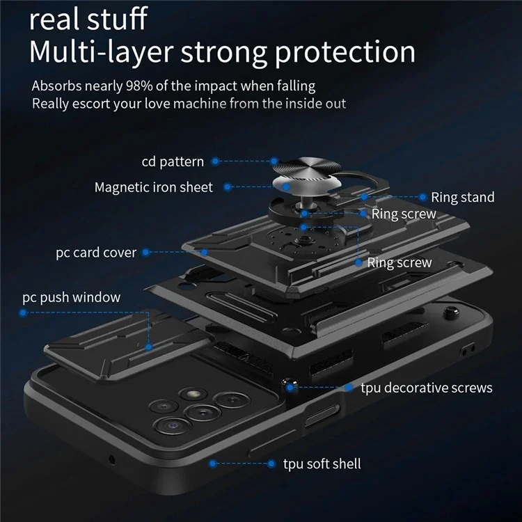 Slide Camera Protection Phone Case for Samsung Galaxy A13 4G, Ring Kickstand PC + TPU Hybrid Cover - Titanium Grey