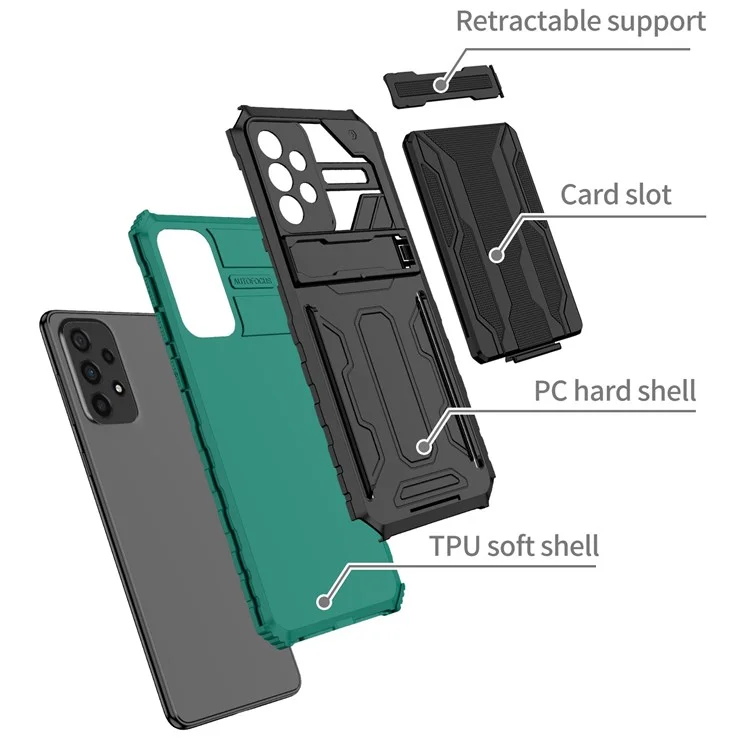 Protective Case for Samsung Galaxy A73 5G Hard PC + Soft TPU Phone Cover Shockproof Kickstand Case with Detachable Card Holder - Blackish Green