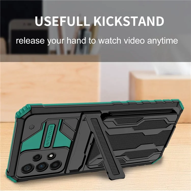 Protective Case for Samsung Galaxy A73 5G Hard PC + Soft TPU Phone Cover Shockproof Kickstand Case with Detachable Card Holder - Blackish Green