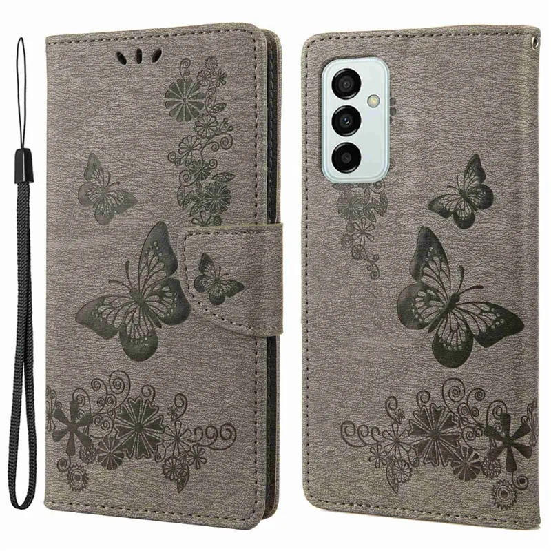 For Samsung Galaxy M23 5G/F23 5G PU Leather Butterfly Flower Imprinted Case Stand Wallet Design Protective Phone Cover - Grey