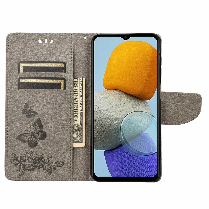 For Samsung Galaxy M23 5G/F23 5G PU Leather Butterfly Flower Imprinted Case Stand Wallet Design Protective Phone Cover - Grey