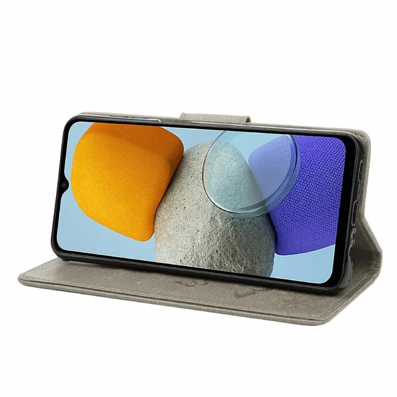 For Samsung Galaxy M23 5G/F23 5G PU Leather Butterfly Flower Imprinted Case Stand Wallet Design Protective Phone Cover - Grey