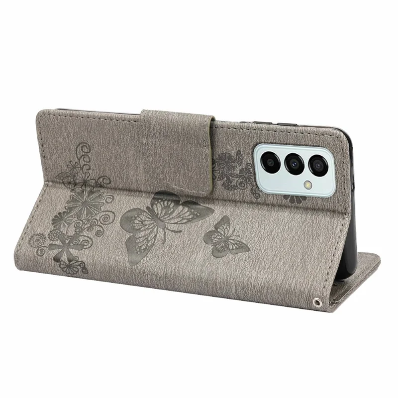 For Samsung Galaxy M23 5G/F23 5G PU Leather Butterfly Flower Imprinted Case Stand Wallet Design Protective Phone Cover - Grey
