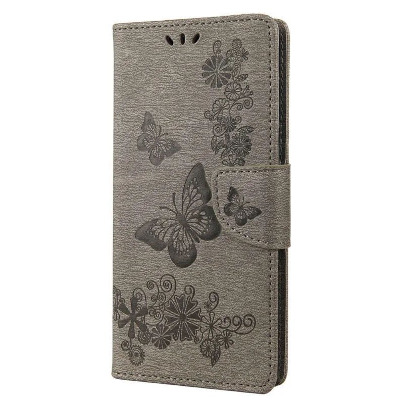 For Samsung Galaxy M23 5G/F23 5G PU Leather Butterfly Flower Imprinted Case Stand Wallet Design Protective Phone Cover - Grey