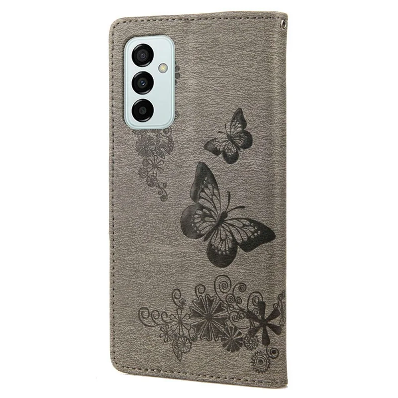 For Samsung Galaxy M23 5G/F23 5G PU Leather Butterfly Flower Imprinted Case Stand Wallet Design Protective Phone Cover - Grey