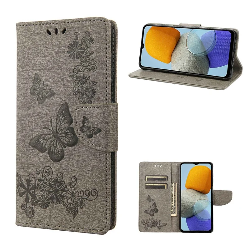For Samsung Galaxy M23 5G/F23 5G PU Leather Butterfly Flower Imprinted Case Stand Wallet Design Protective Phone Cover - Grey