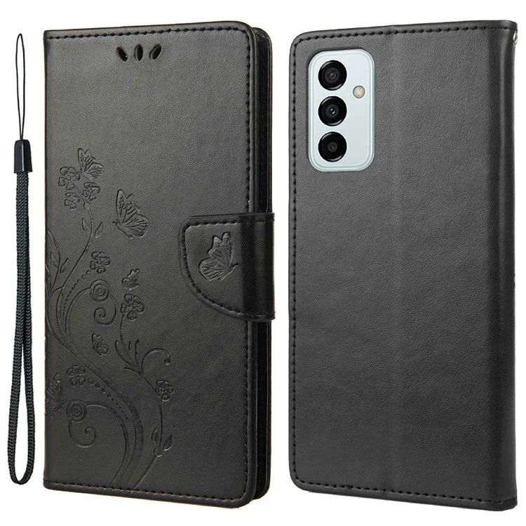 Para Samsung Galaxy M23 5G/F23 5G PU Curra Butterfly Flor Impressa Caso Stand Design da Carteira Tampa de Telefone Protetora - Preto