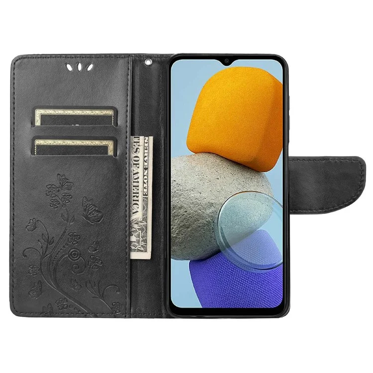 Para Samsung Galaxy M23 5G/F23 5G PU Curra Butterfly Flor Impressa Caso Stand Design da Carteira Tampa de Telefone Protetora - Preto
