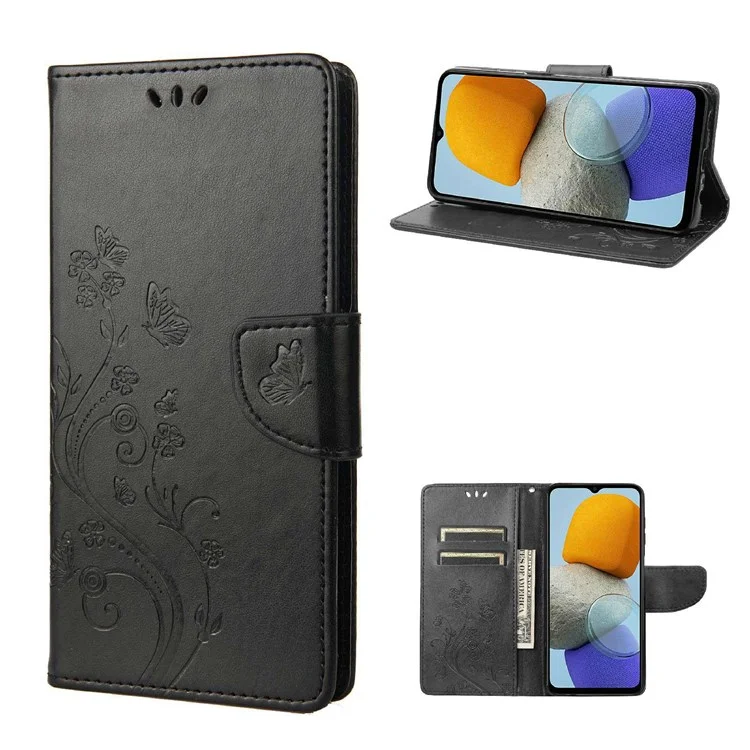 Para Samsung Galaxy M23 5G/F23 5G PU Curra Butterfly Flor Impressa Caso Stand Design da Carteira Tampa de Telefone Protetora - Preto