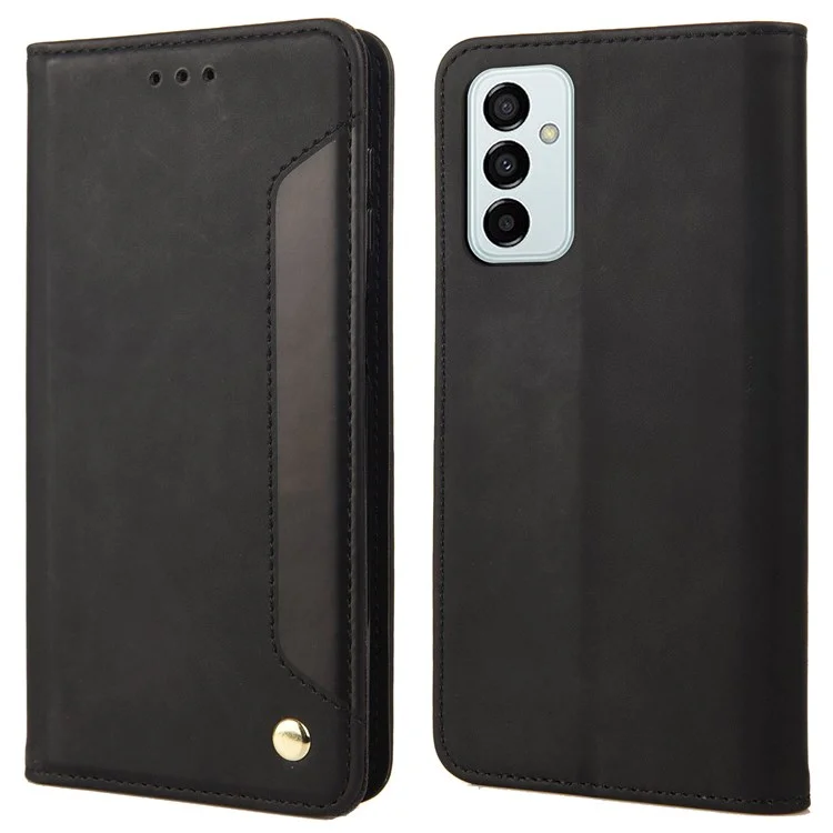 For Samsung Galaxy M23 5G/F23 5G Shockproof Phone Wallet Stand Cover Splicing Design PU Leather Anti-drop Case Shell - Black