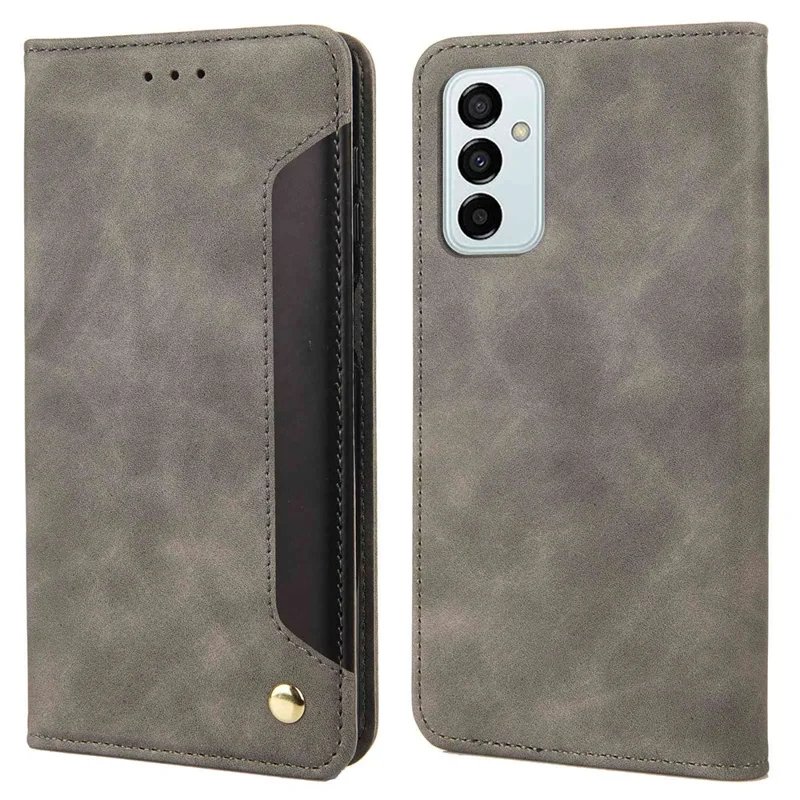 For Samsung Galaxy M23 5G/F23 5G Shockproof Phone Wallet Stand Cover Splicing Design PU Leather Anti-drop Case Shell - Grey