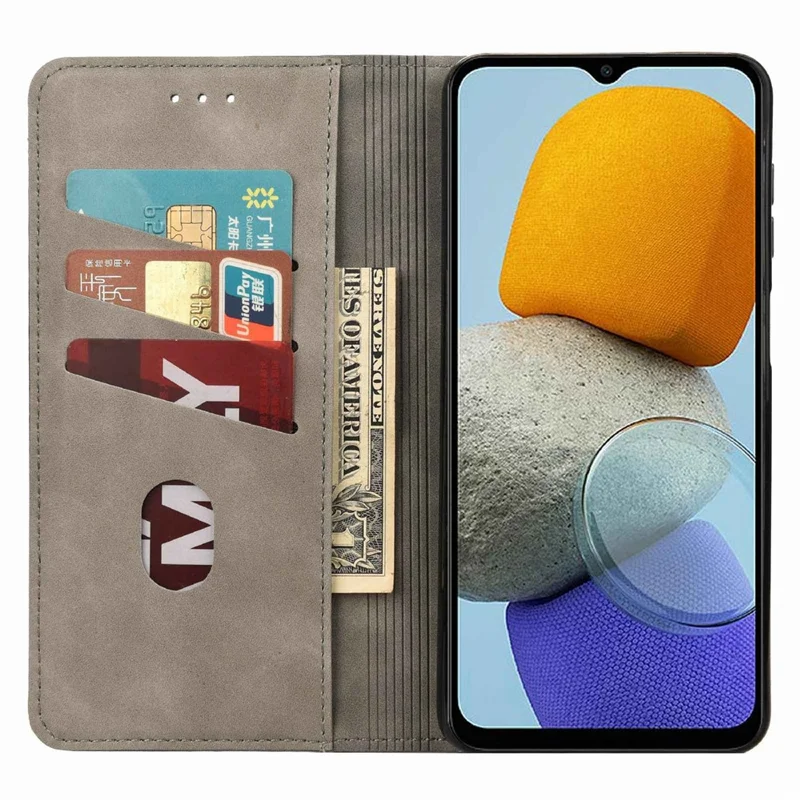 For Samsung Galaxy M23 5G/F23 5G Shockproof Phone Wallet Stand Cover Splicing Design PU Leather Anti-drop Case Shell - Grey