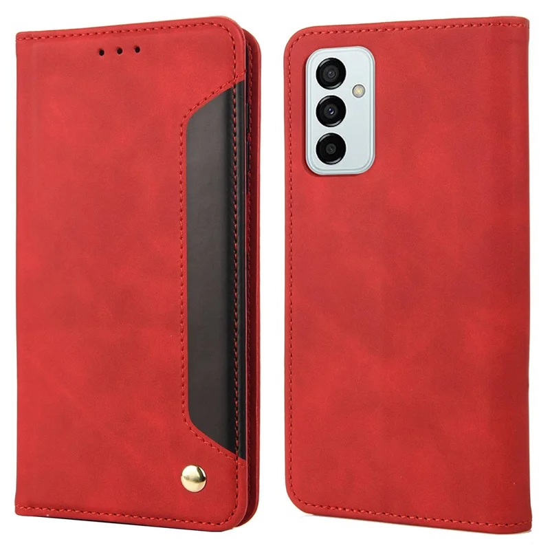 For Samsung Galaxy M23 5G/F23 5G Shockproof Phone Wallet Stand Cover Splicing Design PU Leather Anti-drop Case Shell - Red