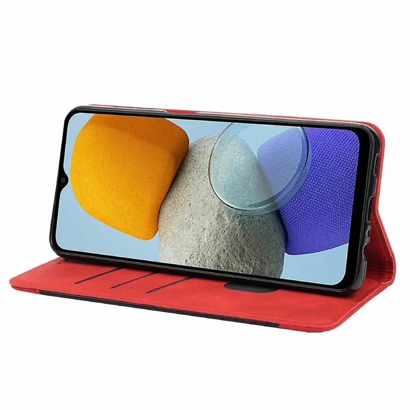 For Samsung Galaxy M23 5G/F23 5G Shockproof Phone Wallet Stand Cover Splicing Design PU Leather Anti-drop Case Shell - Red