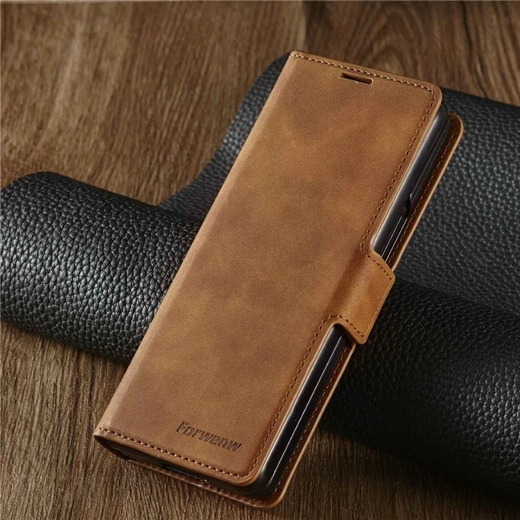 Forwenw Para Samsung Galaxy Z Fold3 5G Series de Fantasía Skin-touch PU Cuero Bien Protegido Puente Puil - Marrón