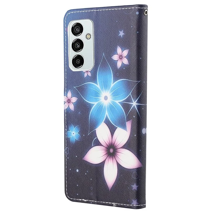 Für Samsung Galaxy M23 5G/F23 5G Cross Textur Muster Druckständer Leder -handy Hülle Brieftasche Flip Cover Mit Riemen - Blaue Blumen