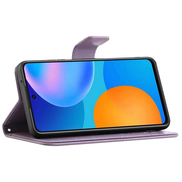 Per Samsung Galaxy M23 5G/F23 5G Custodia in pelle con motivo a farfalle e fiori stampati, con supporto e tracolla - Viola