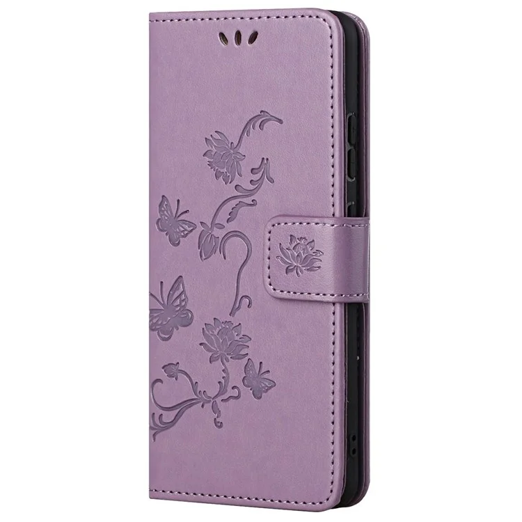 Per Samsung Galaxy M23 5G/F23 5G Custodia in pelle con motivo a farfalle e fiori stampati, con supporto e tracolla - Viola
