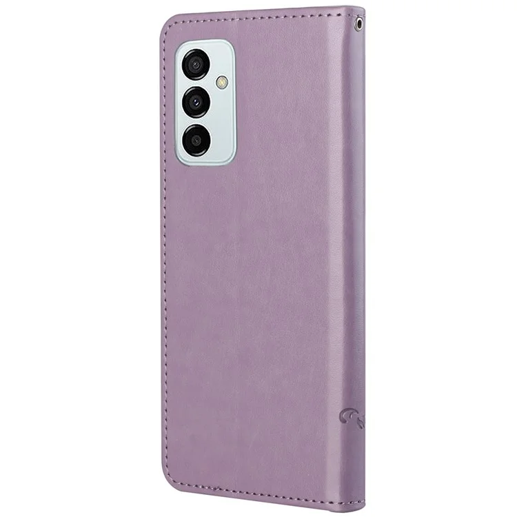 Per Samsung Galaxy M23 5G/F23 5G Custodia in pelle con motivo a farfalle e fiori stampati, con supporto e tracolla - Viola