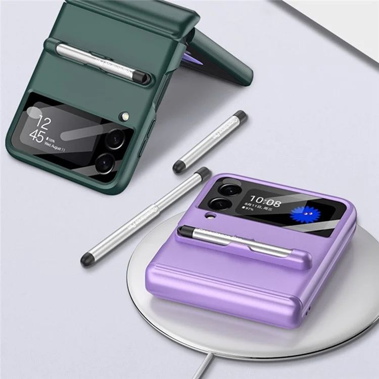 GKK for Samsung Galaxy Z Flip3 5G Magnetic Flipping Full Protection PC+Tempered Glass Phone Case with Stylus Pen - Purple