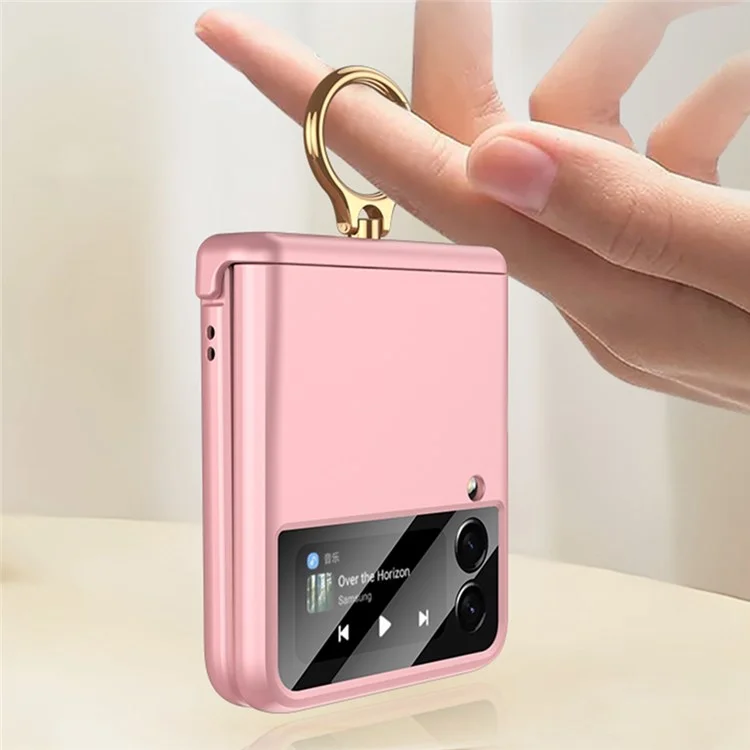 GKK For Samsung Galaxy Z Flip3 5G Metal Ring Holder Kickstand Phone Case Magnetic Absorption Hinge PC Folding Cover with Camera Lens Film - Pink