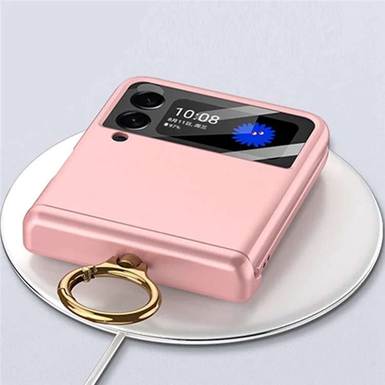 GKK Pour Samsung Galaxy Z Flip3 5G Hagne Matal Ring Kickstand Téléphone Absorption Magnétique Hinge PC Pliage Couvercle Avec un Film de L'objectif de la Caméra - Rose