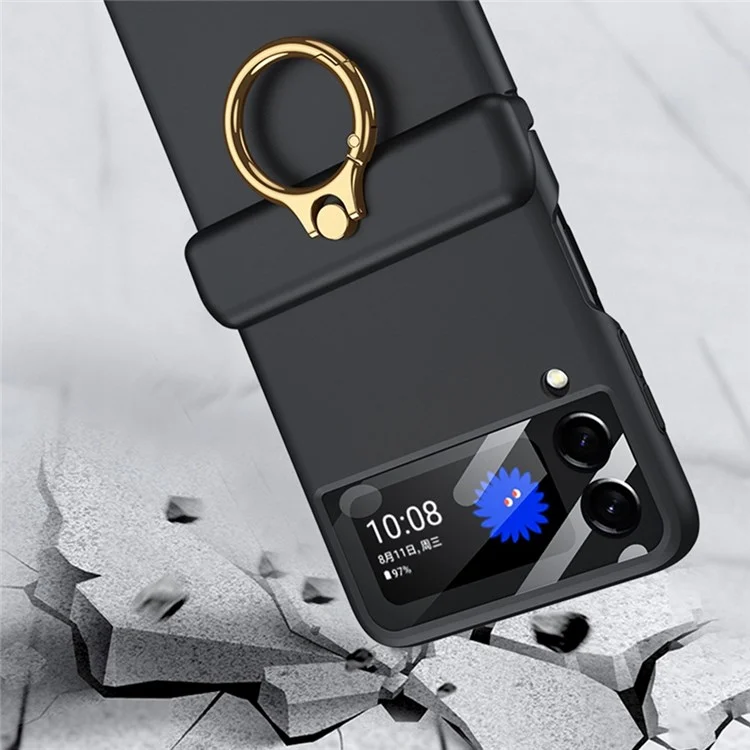 GKK Pour Samsung Galaxy Z Flip3 5G Hagne Matal Ring Kickstand Téléphone Absorption Magnétique Hinge PC Pliage Couvercle Avec un Film de L'objectif de la Caméra - Rose