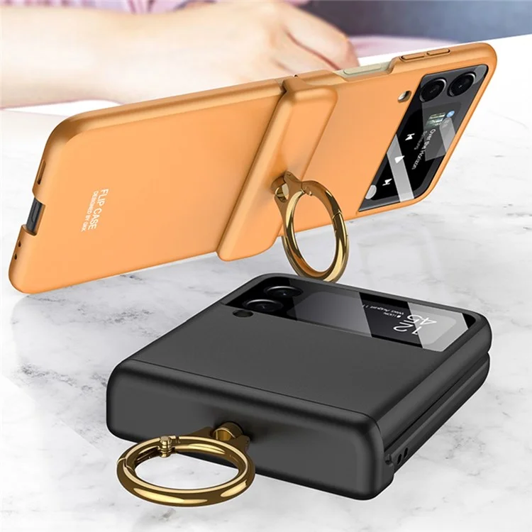 GKK Pour Samsung Galaxy Z Flip3 5G Hagne Matal Ring Kickstand Téléphone Absorption Magnétique Hinge PC Pliage Couvercle Avec un Film de L'objectif de la Caméra - Rose